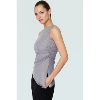 Tül Büzgülü Regular Kalıp Kolsuz Örme Bluz Yazlık Günlük Moda Özenle Seçilmiş Özel Tasarım