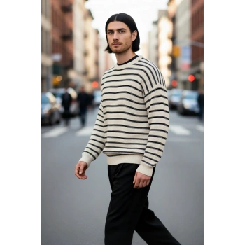 Unisex Basic Bisiklet Yaka Çizgili Triko Kazak Modern Ve Rahat Kış Kombinleri İçin İdeal Bir Parça