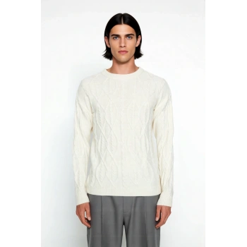 Unisex Oversize Fit Bisiklet Yaka Saç Örgü Uzun Kollu Ekstra Yumuşak Akrilik Karışımlı Triko Kazak