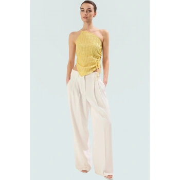 Uzun Boy Gofre Dokuma Bluz Çizgili İnce Askılı Rahat ve Şık Fitted Trend Tasarım