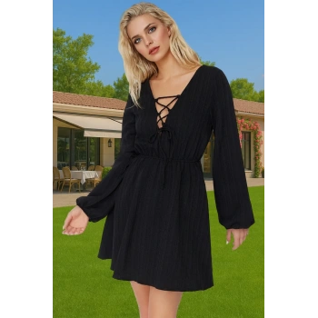 V Yaka Bağlamalı Dokuma Mini Elbise Keten Karışımlı Plaj Modası Rahat Ve Şık Rahat Kullanım
