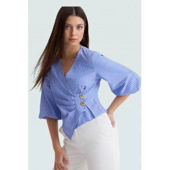 V Yaka Bluz Terrycotton Kumaş Fitted Kalıp Çizgili Günlük Kaliteli İşçilik Şık Görünüm