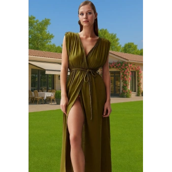 V Yaka Kolsuz Maxi Plaj Elbisesi Crinkle Dokuma Polyester Dayanıklı Malzeme Premium Kalite