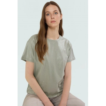 Varak Baskılı Regular Pamuk Bluz Kısa Kol Bisiklet Yaka Casual Stil Kaliteli İşçilik