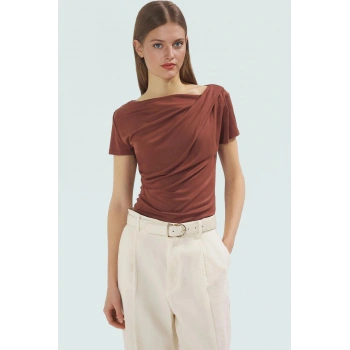 Viskon Ribana Bluz Fitted Vücut Oturma Regular Boy Asimetrik Yaka Özel Tasarım