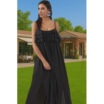 Viskoz Crinkle Kumaş Maxi Plaj Elbisesi Volanlı Detaylar ile Yazlık Özel Tasarım Trend Tasarım