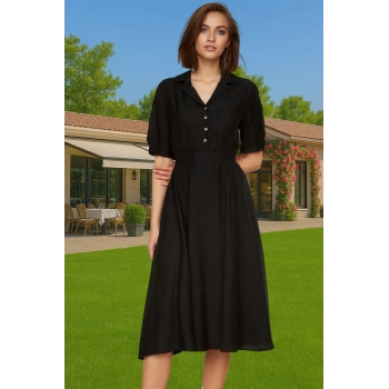 Viskoz Karışımlı A Kesim Midi Elbise Gömlek Yaka Günlük Stil Rahat Kullanım Özenle Seçilmiş