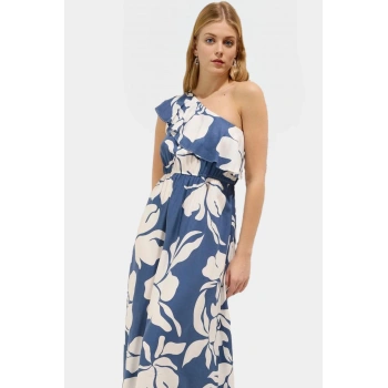 Viskoz Kumaş Midi Elbise Şık Çiçek Desenli Asimetrik Yaka Günlük Stil Modern Premium Kalite