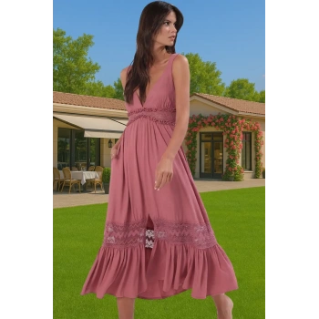 Viskoz Maxi Elbise Dantel Detayli Skater Kalıp Yazlık Modern Stil Özel Tasarım Özenle Seçilmiş