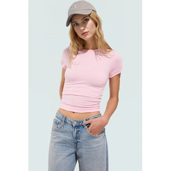 Viskoz Ribana Crop Bluz Büzgü Detaylı Fitted Kalıp Yazlık Uzun Ömürlü Premium Kalite