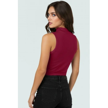 Viskoz Ribana Örme Bluz Dik Yaka Fitted Kalıp Kolsuz Yazlık Modern Stil