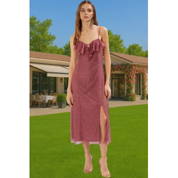 Volan Detaylı Şık Astarlı Dantel Örme Midi Abiye Elbise Şık Görünüm Kaliteli İşçilik