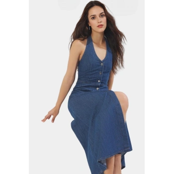 Volanlı Etekli Denim Halter Yaka Maxi Elbise 139cm Pamuk Rahat Ve Şık Profesyonel Görünüm