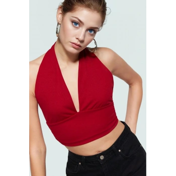 Vücuda Oturan Crop Bluz Boyundan Bağlamalı Örme Kumaş Modern Stil Premium Kalite