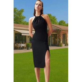 Vücuda Oturan Cut Out Detaylı Finike Dokuma Abiye Elbise Rahat Kullanım Trend Tasarım Modern Stil