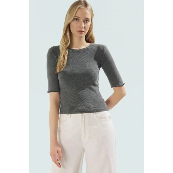 Vücuda Oturan Kaşkorse Örme Bluz Bisiklet Yaka Kısa Kol Yazlık Mükemmel Uyum