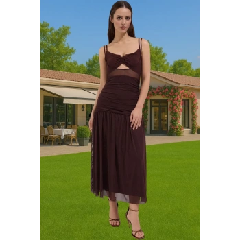 Vücudu Saran Astarlı Örme Tül Midi Abiye Elbise V Yaka Yazlık Profesyonel Görünüm Zarifane Tasarım