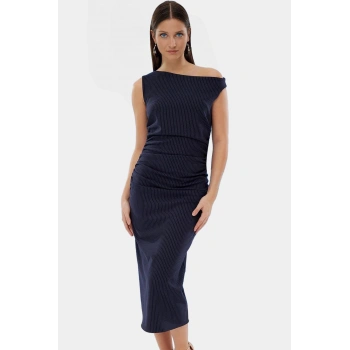 Vücudu Saran Çizgili Midi Elbise Yazlık Dokuma Polyester Elastan Modern Stil