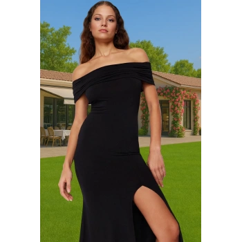 Vücudu Saran Kısa Kollu Örme Elbise Polyester Karışımlı Astarlı Midi Gece Elbisesi Özenle Seçilmiş