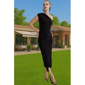 Vücudu Saran Tek Omuzlu Polyester Abiye Elbise Mezuniyet Balo Kaliteli İşçilik Konforlu Kesim