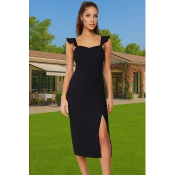 Vücut Hatlarını Vurgulayan Fırfırlı Midi Boy Dokuma Elbise Konforlu Kesim Modern Stil Premium Kalite