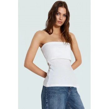 Yandan Fermuarlı Krep Örme Straplez Bluz Premium Kalite Modern Stil