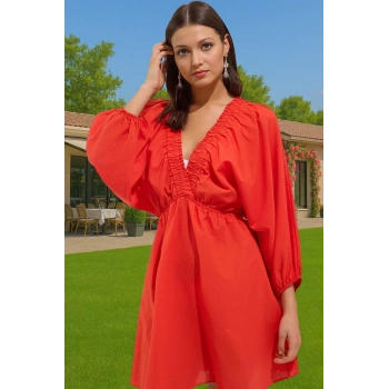 Yazlık %100 Pamuk Mini Elbise Vual Dokuma Tek Kol Balon Özenle Seçilmiş Profesyonel Görünüm