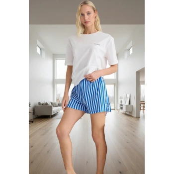 Yazlık %100 Pamuklu Pijama Takımı Çizgili Desen Bağlamalı Şort Regular Kalıp Trend Tasarım