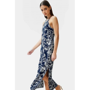 Yazlık A Kesim Maxi Elbise %Viskon Çiçek Desenli Halter Yaka Rahat Kullanım Özel Tasarım