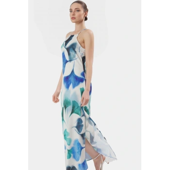 Yazlık A line Maxi Elbise Mat Saten Dokuma Polyester Halter Yaka Profesyonel Görünüm