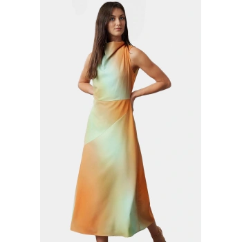 Yazlık A Line Midi Dokuma Elbise Degaje Yaka Tasarım Kaliteli İşçilik Yüksek Kalite Özenle Seçilmiş