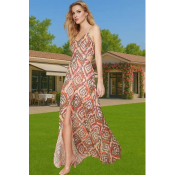 Yazlık Astarlı V Yaka Çiçekli Şifon Maxi Elbise A Kesim Uzun Ömürlü Rahat Kullanım Konforlu Kesim