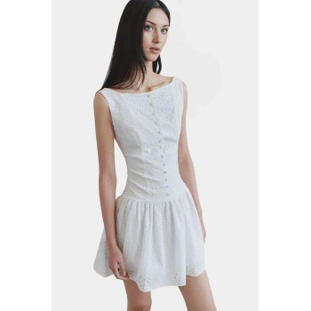 Yazlık Brode Mini Elbise Kayık Yaka Pamuklu Astarlı Mükemmel Uyum Trend Tasarım