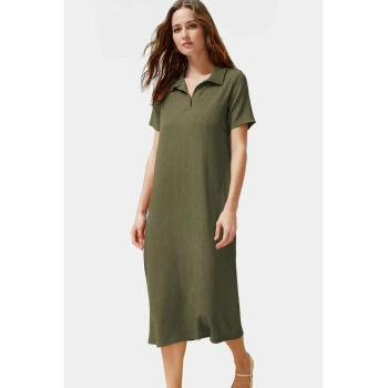 Yazlık Bürümcük Dokulu Midi Elbise Nefes Alan Polyester Kumaş Polo Yaka Kısa Kollu