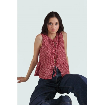 Yazlık Casual Ekose Peplum Bluz Bağcıklı Bisiklet Yaka Polyester Uzun Ömürlü