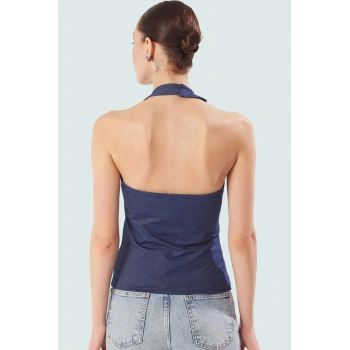 Yazlık Casual Örme Bluz Fitted Kalıp Boyundan Bağlamalı Denim Görünümlü Şık Görünüm