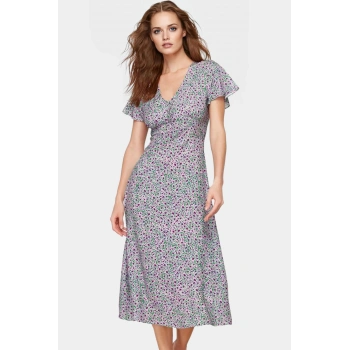 Yazlık Çiçek Desenli A Kesim Midi Elbise V Yaka Viskoz Kumaş Rahat Günlük Mükemmel Uyum Şık Görünüm