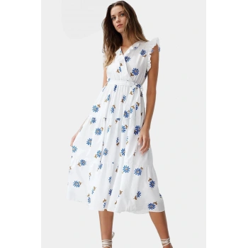 Yazlık Çiçek Desenli Midi Elbise Pamuklu Terrycotton Kumaş Rahat Günlük Stil Şık Görünüm