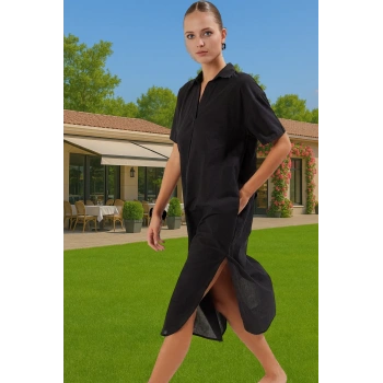 Yazlık Çiçek Desenli Midi Pamuklu Plaj Elbisesi Şık Yırtmaçlı Tasarım Özel Tasarım Trend Tasarım