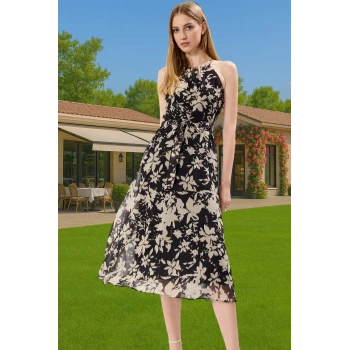 Yazlık Çiçekli A Kesim Bel Kuşaklı Midi Dokuma Elbise Modern Stil Özenle Seçilmiş Seçkin Malzeme