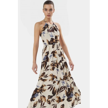 Yazlık Çiçekli A Line Halter Yaka Maxi Elbise Viskoz Kumaştan Rahat Günlük Stil Kullanım