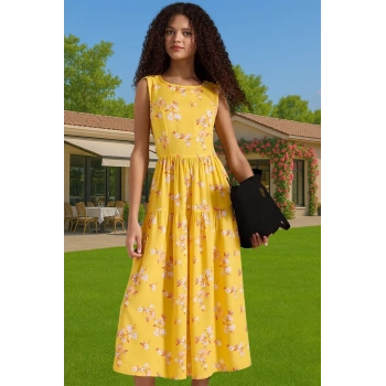 Yazlık Çiçekli Desenli Midi Skater Elbise Viskoz Kumaş Günlük Yüksek Kalite Özenle Seçilmiş