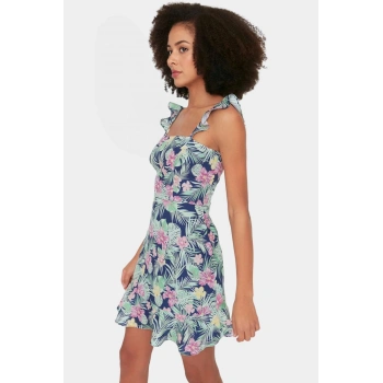 Yazlık Çiçekli Mini Elbise A Line Kare Yaka Moss Krep Polyester Rahat Ve Şık