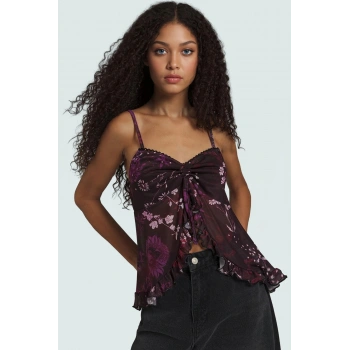 Yazlık Çiçekli Tül Bluz İnce Askılı Fitted Kalıp Regular Boy Mükemmel Uyum