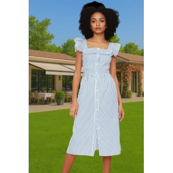 Yazlık Çizgili Midi Gömlek Elbise Pamuklu Polyester Günlük Stil Konforlu Kesim Şık Görünüm