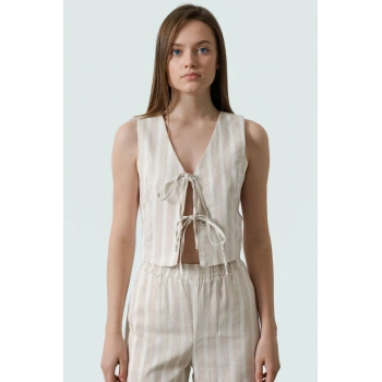 Yazlık Çizgili V Yaka Keten Bluz Rahat Günlük Stil Modern Seçkin Malzeme Özel Tasarım