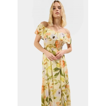 Yazlık Çok Çiçekli Maxi Elbise Rahat A Kesim Polyester Kumaş Skater Kalıp Ve Şık