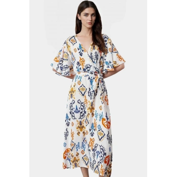 Yazlık Çok Etnik Desenli A Line Midi Elbise Şık Kuşak Detayı ile Konforlu Kesim