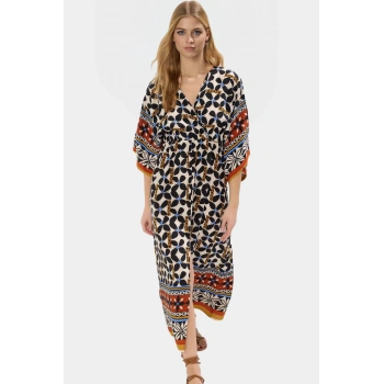 Yazlık Çok Etnik Desenli Viskoz Elbise Midi Boy A Kesim Truvakar Kol Konforlu