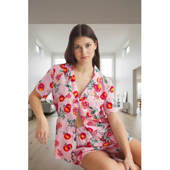 Yazlık Çok Meyve Desenli Viskoz Pijama Takımı Modern Stil Konforlu Kesim Kaliteli İşçilik